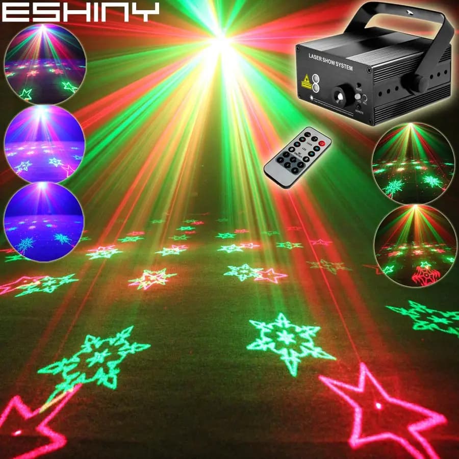 ESHINY Mini Proiettore Laser R&G con Telecomando, 6 Motivi a Fiocco di Neve, Barra LED Blu per DJ, Discoteca, Feste in Famiglia, Effetti Luminosi T189D3