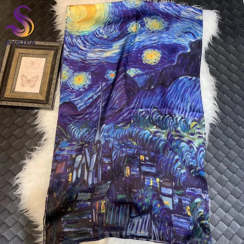 [BYSIFA] Blu 100% Sciarpa di seta Scialle Moda Donna di lusso Sciarpe lunghe Van Gogh Moon Star Oil Paiting Sciarpe Autunno Inverno Sciarpa