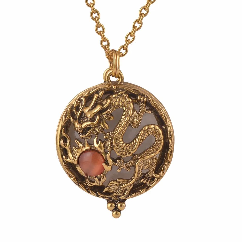 Nuovo ciondolo in vetro con lente d'ingrandimento Drangon con collana di perline di pietra gioielli Color oro antico si apre e si chiude