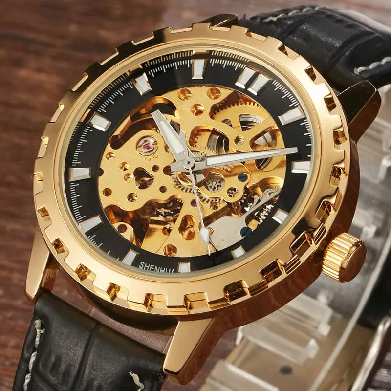 Luxury SHENHUA Brand Unique Mens automatic mechanical watches Skeleton Gear Dial watches with real leather strap for males best gifts