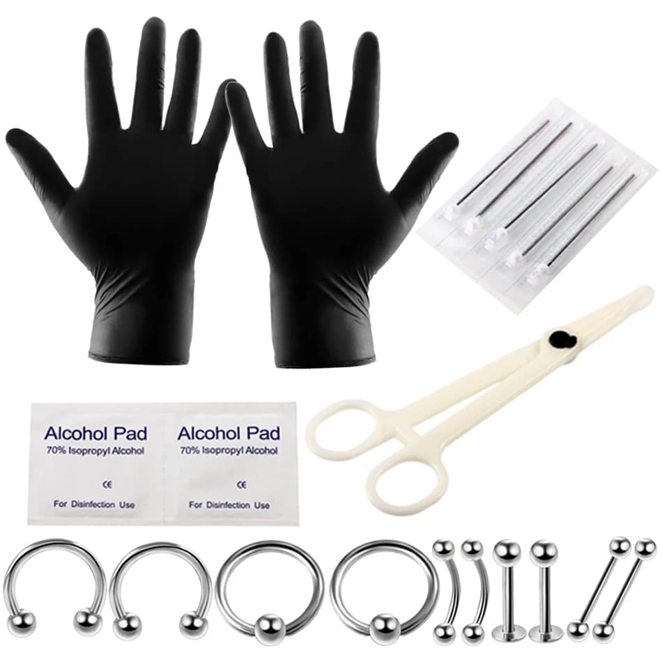 20Pcs14G 16G Kit di strumenti per piercing al corpo Ago per piercing monouso per anello a ferro di cavallo Captivo BCR Labbro Sopracciglio Lingua Gioielli per il corpo