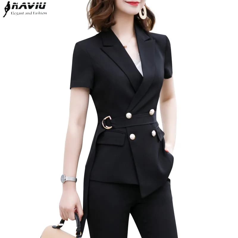 New Fashion Conjuntos Feminino Elegante Women Pants Suit With Belt Summer Short Sleeve Blazer and Trousers Two Piece Set