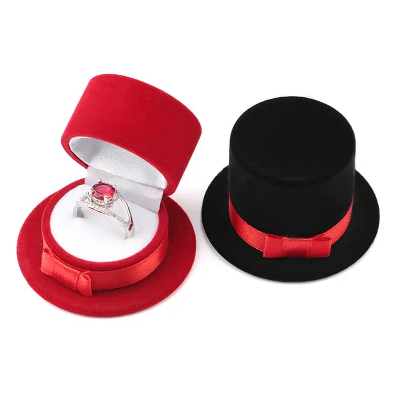 1 pezzo rosso/nero cappello a cilindro portagioie scatola per fedi nuziali in velluto scatola per esposizione per collana scatola regalo per imballaggio di gioielli