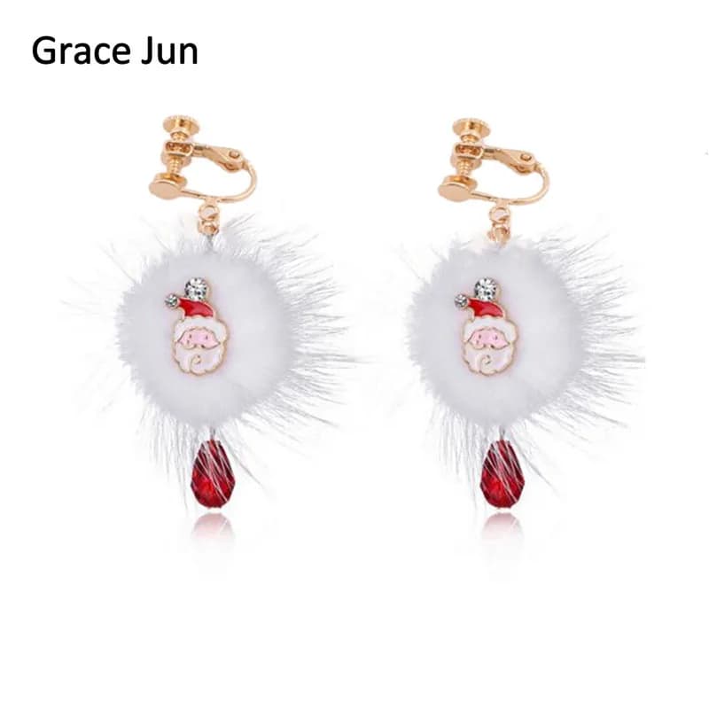 Grace Jun Nuovo Babbo Natale Cervo Coniglio Palla di pelo Clip di cristallo rosso su orecchini senza piercing per le donne Simpatico regalo di Natale