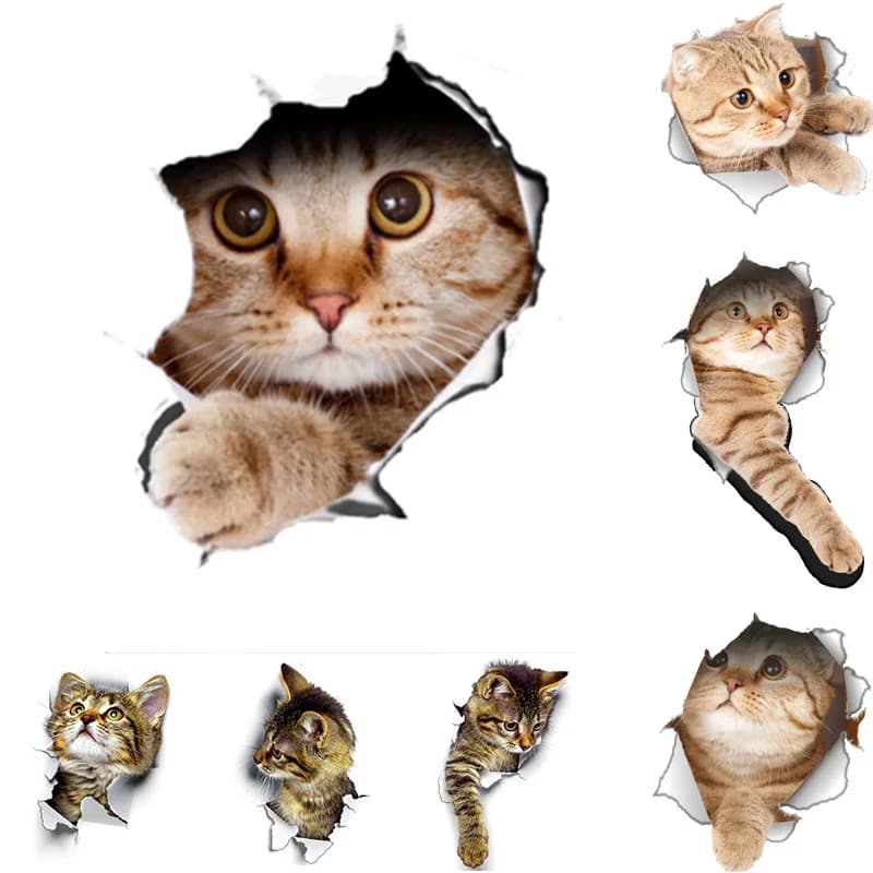 Adesivi Murali 3D Gatti Carini e Cani Vivaci per Bagno, Decorazione Casa, Decalcomanie Animali Autoadesive, Poster
