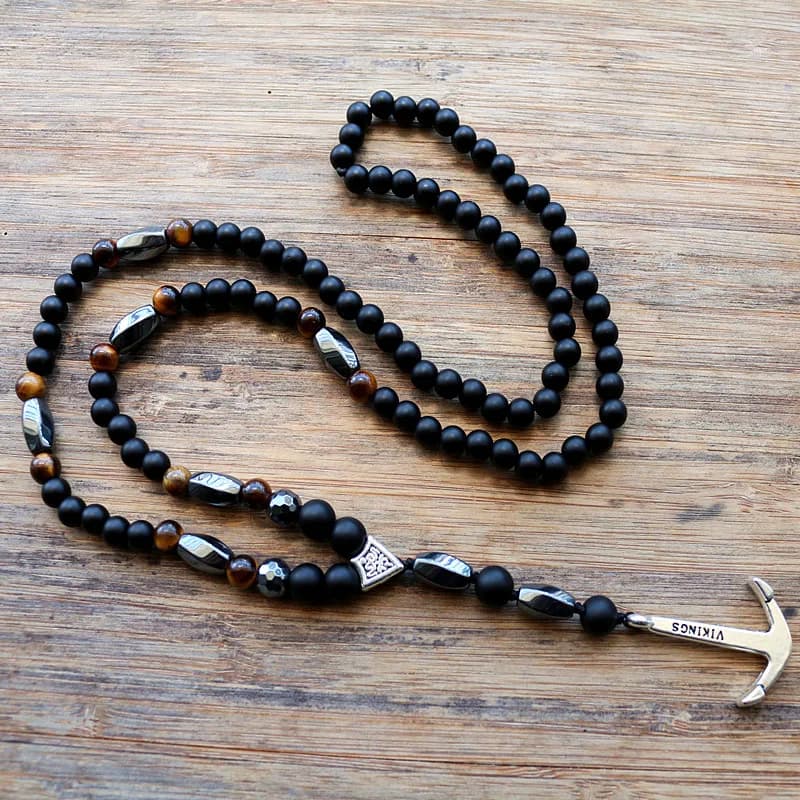 Collana con ciondoli da uomo nero di nuovo Design 6MM con perline di pietra con ciondolo con ciondolo a forma di ancora gioielli di moda