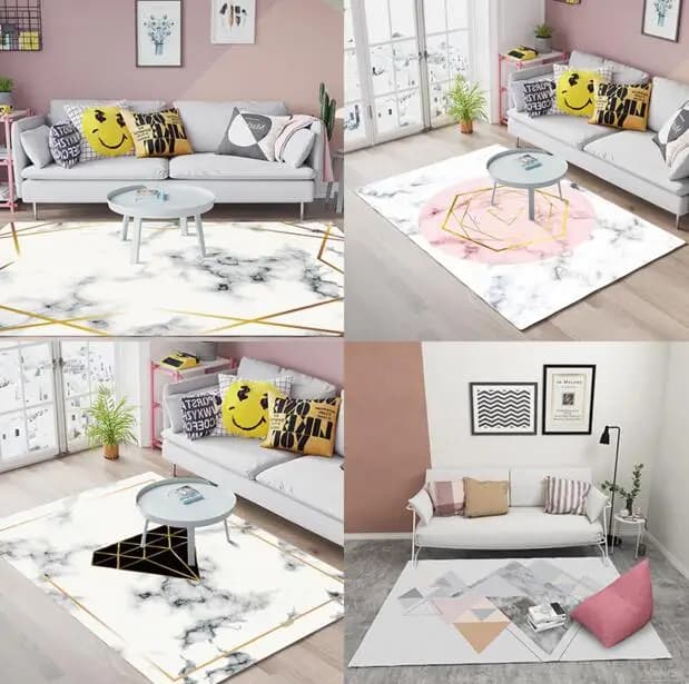 Rug with geometric motif in marble for living room, sofa, coffee table, bedroom, yoga mat, covered with rectangular bedside table