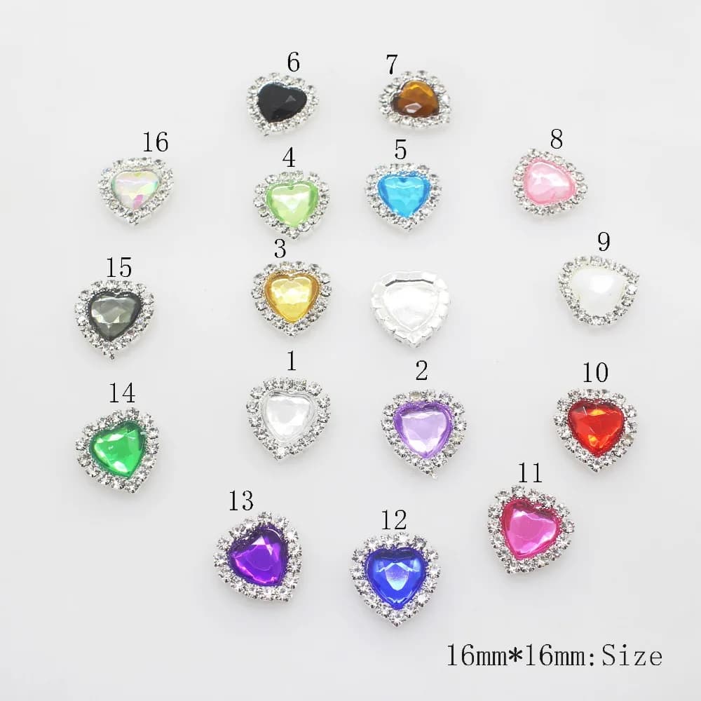 Mini 16mm(4/10 inch) 10pcs Heart Acrylic Rhinestone Buttons DIY Hair Accessory Wedding Initiation Ribbon Decoration
