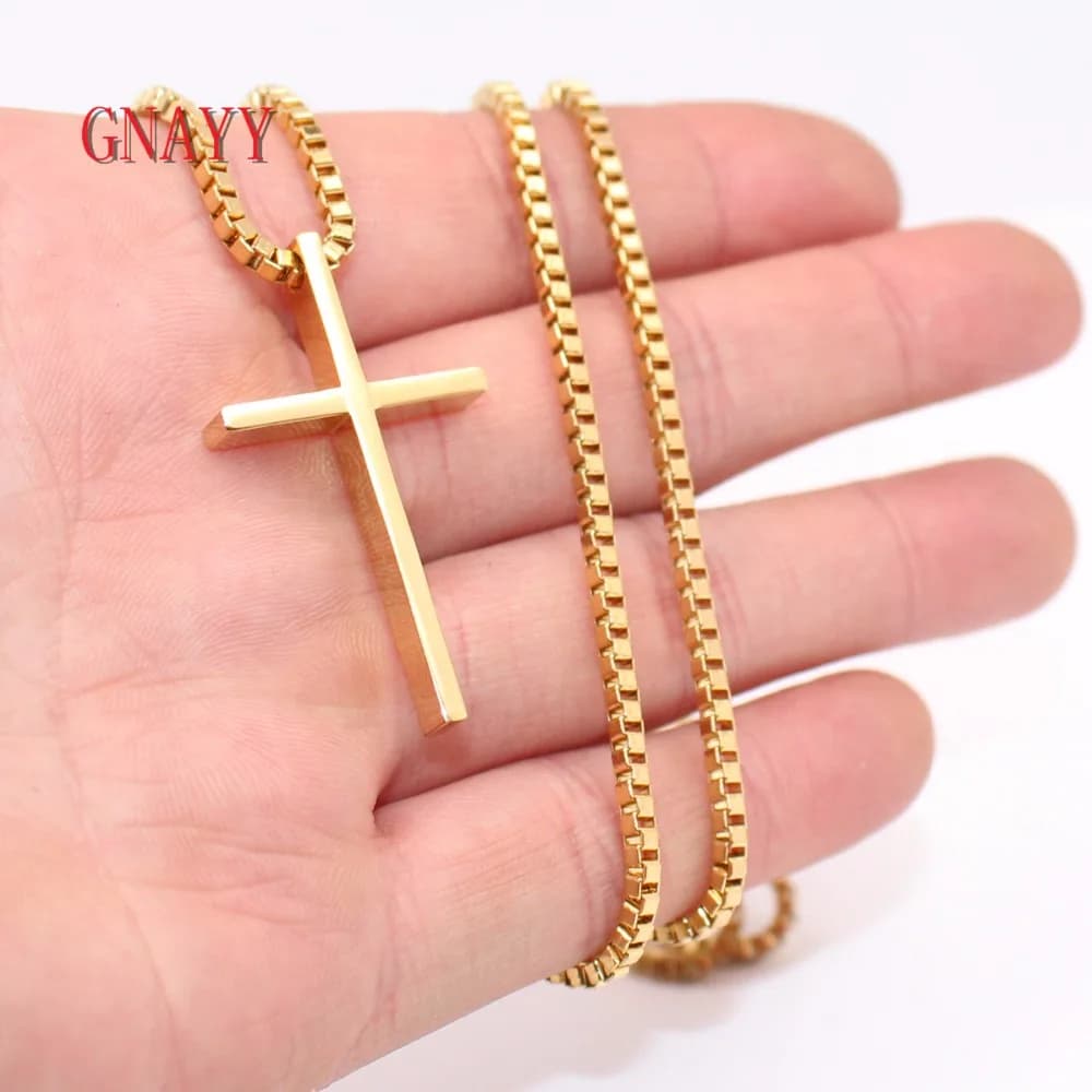 Collana con pendente a croce in acciaio inossidabile dorato con catena a scatola 2,4 mm 24''
