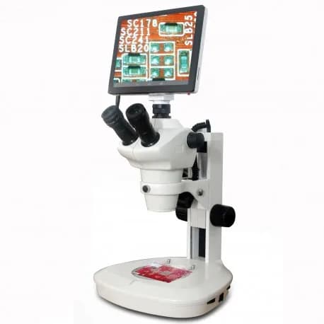 Microscopio stereo trinoculare AmScope 8X-50X su binario + sistema di imaging a doppia illuminazione e touchscreen da 9,7"
