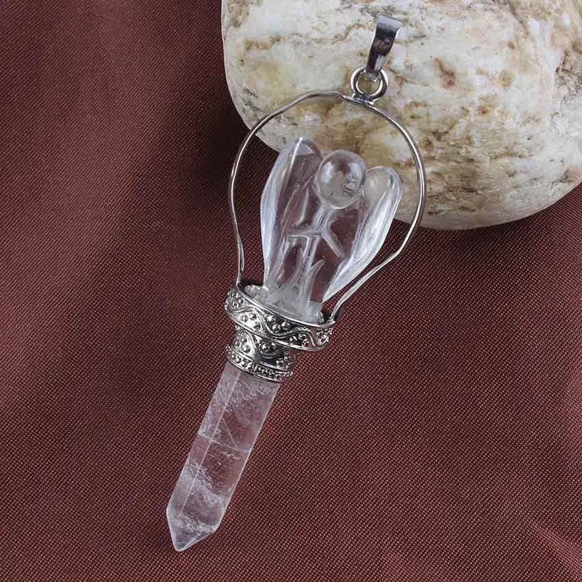 Argento placcato Vintage scettro pendoli naturali colonna esagonale pietra di cristallo di roccia intagliare angelo pendente a pendolo gioielli da donna
