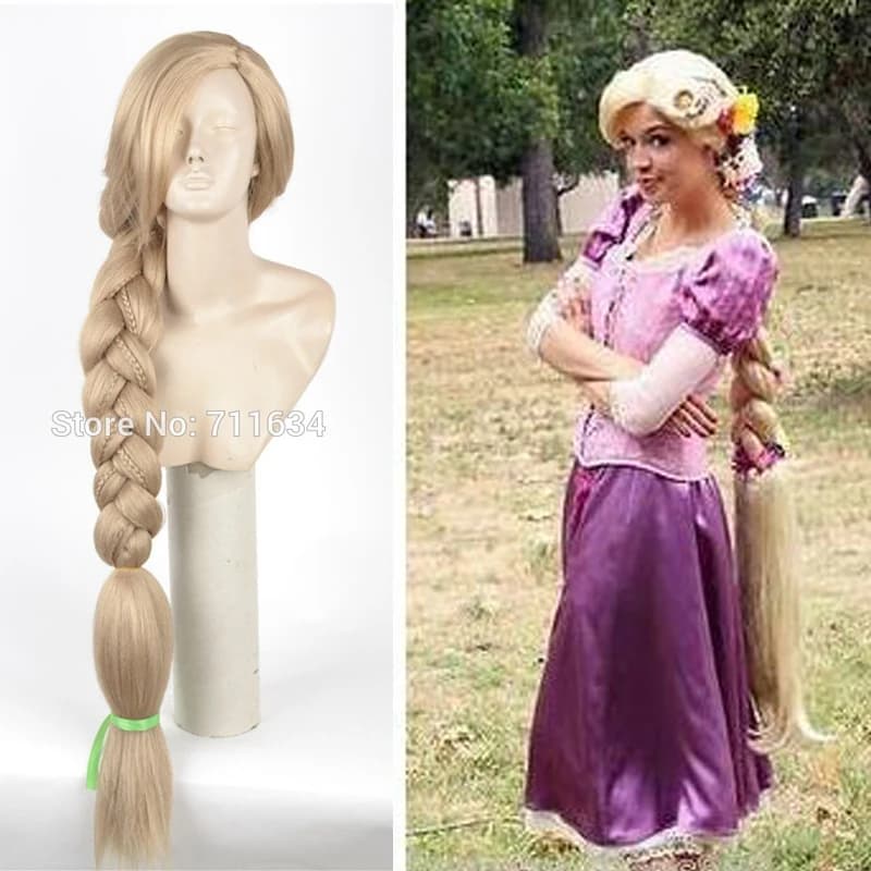 Top Quality 100CM Lungo Rapunzel Tangled Biondo Chiaro Dritto Cosplay Capelli grande treccia per le donne Parrucca da festa + Protezione della parrucca