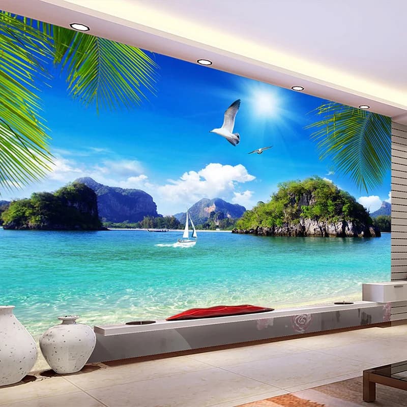 3D di Paglia tessuto Non tessuto di Carta Da Parati Personalizzata Murale Rotolo Stereoscopico Natura Blu Oceano Paesaggio Marino Spiaggia Foto Copertura Della Parete TV Divano sfondo