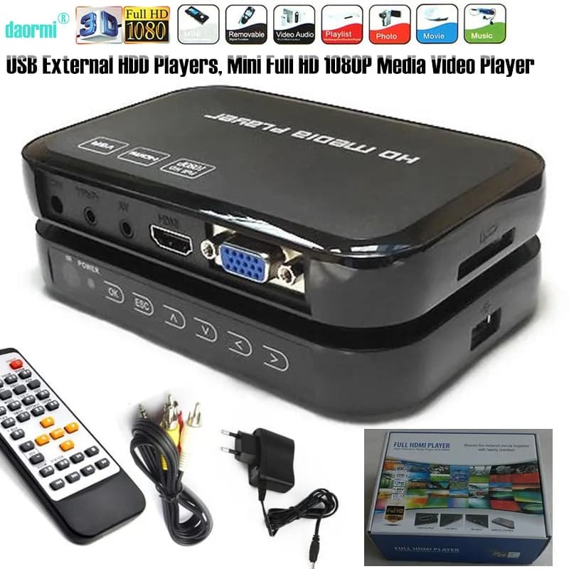 Lettore HDD esterno USB Mini HD 1080P con supporto disco SD MMC U MKV AVI Lettore multimediale video compatibile HDMI IR Blu-Ray remoto