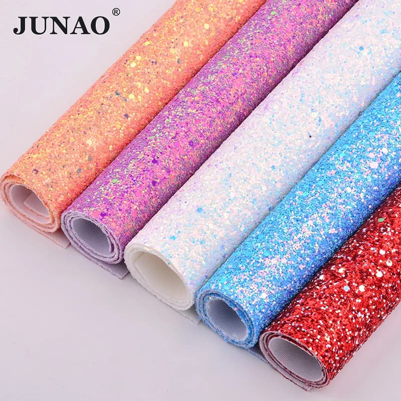 JUNAO 20*34 cm Colorato Glitter Paillettes Pelle Sintetica Finta Pelle Artificiale Tessuto Paillettes Fogli di Tessuto Artigianato FAI DA TE