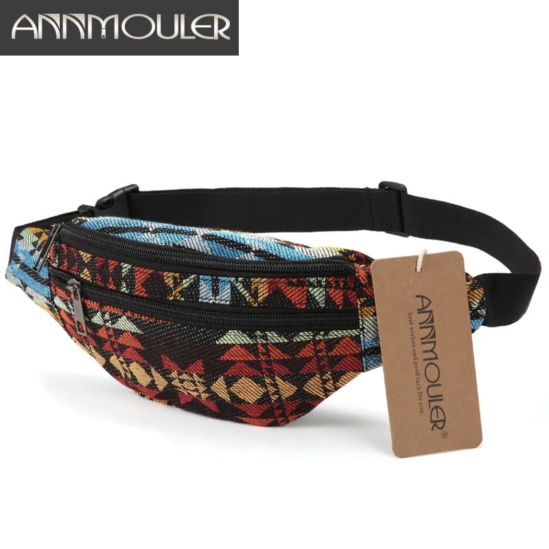 Annmouler Nuove donne Fanny Pack 8 colori Marsupi in tessuto Marsupio stile bohemien 2 tasche Marsupio da viaggio Custodia per telefono