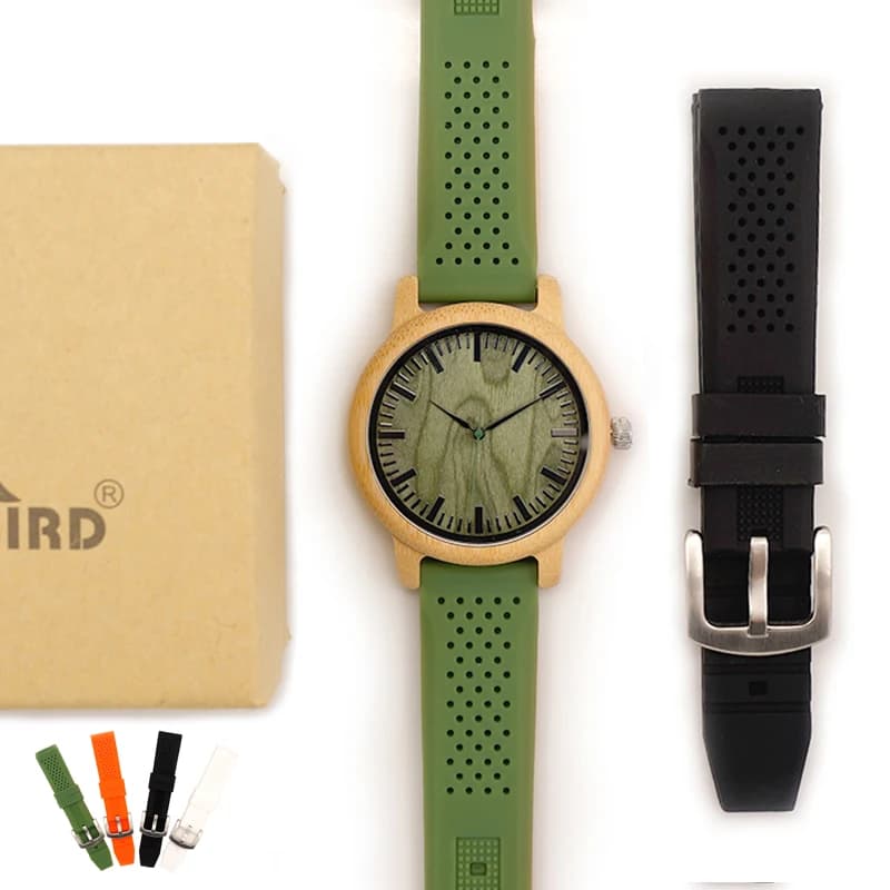 BOBO BIRD Men's Wooden Bamboo Clock Quartz Watch With Silicone Strap Green Strap Extra Men's Gift With W-B06 Masculine Relogio Box