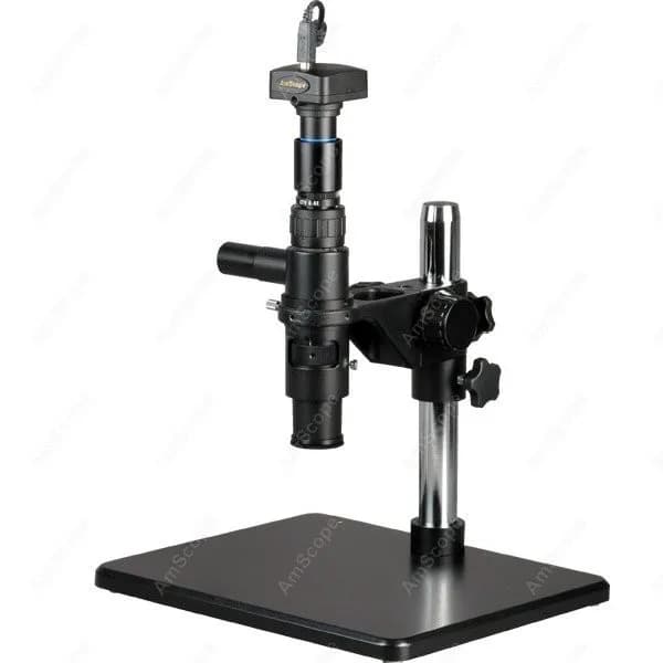 Microscopio stereo monoculare per ispezione zoom AmScope 1X-7X+ luce coassiale sul supporto da tavolo e fotocamera USB 2.0 da 5 MP