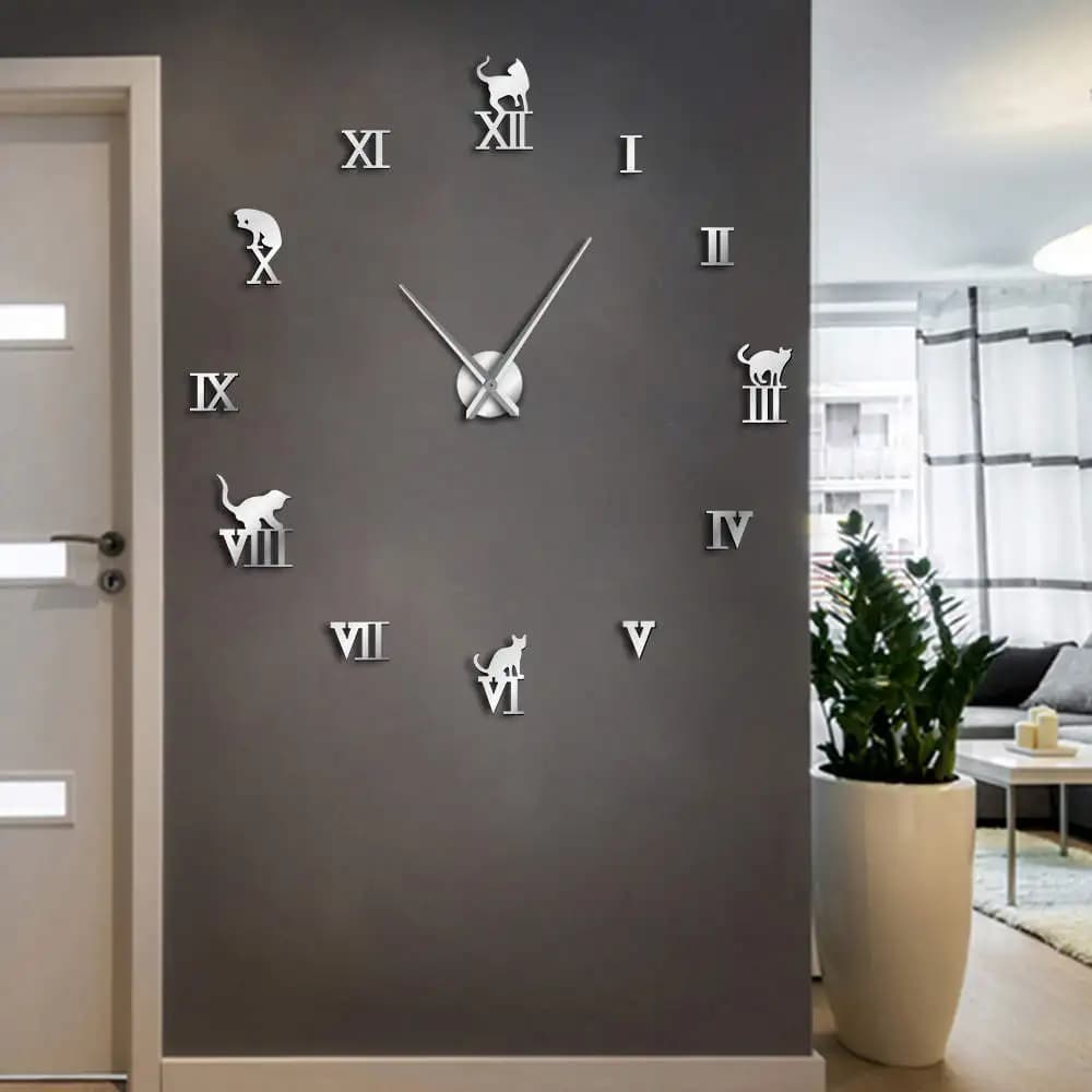 Orologio da parete grande 3D fai da te grande e moderno senza cornice decorazioni per la casa gatto grande orologio specchio per camera da letto soggiorno gattini gattino decorazione da parete