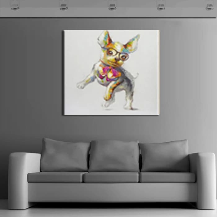 Creative Stylish Little Dog Hand Painted Canvas Oil Painting, Whimsical Pet Portrait Wall Picture For Bedroom Decor