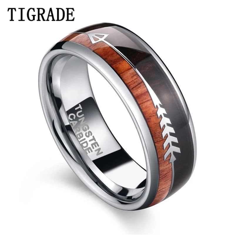 Tigrade 8 millimetri di Tungsteno Anello Per Gli Uomini di Fascia di Cerimonia Nuziale Anello di Fidanzamento Argento di Colore di Legno & Arrow Design di Stile a Cupola formato 6-13 per Mal