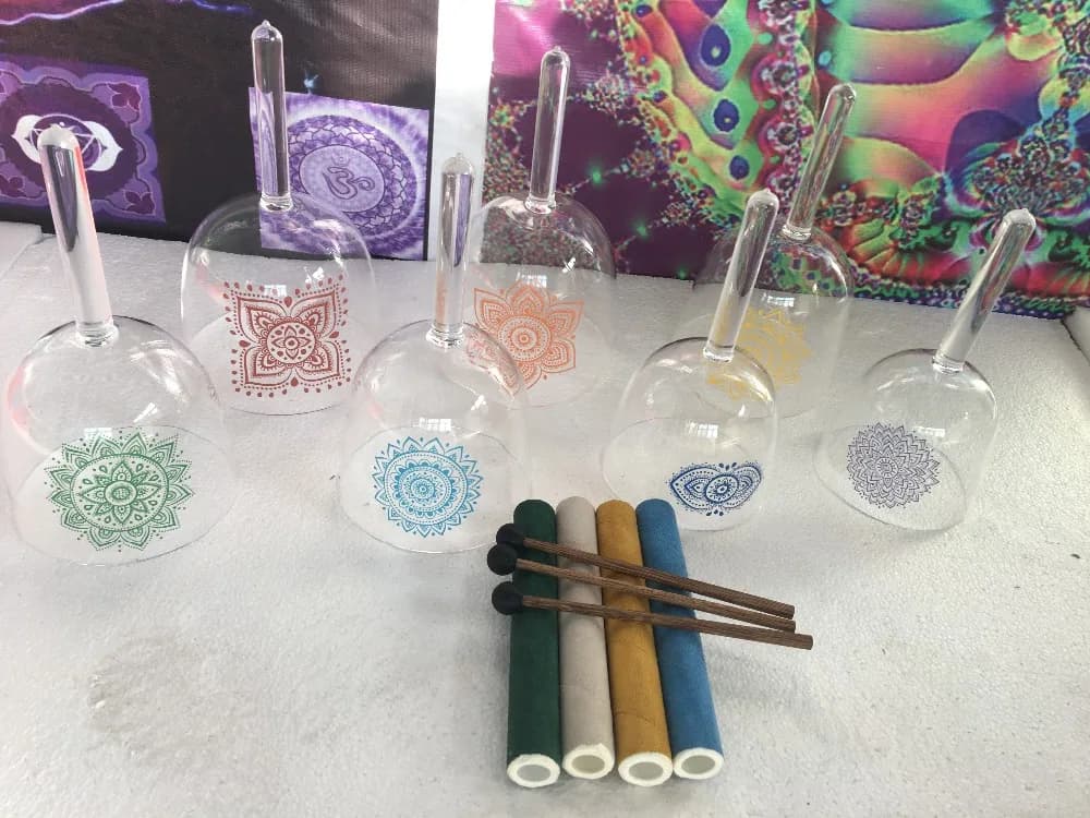 7pcs one set crystal singing bowls handle with chakras sticker C D E F G A B perfect pitch in 440HZ or 432HZ Reiki Yoga energy