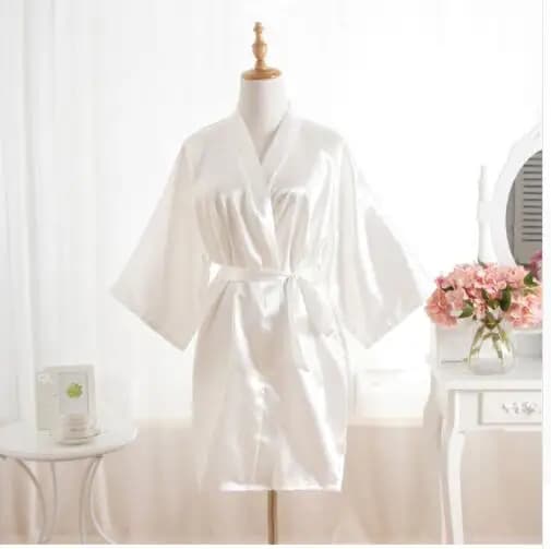 Donna Accappatoio Pigiama Seta Damigella D'onore Sposa Abito Donne Sexy Breve Raso Da Sposa Kimono Vestaglie Indumenti Da Notte Camicia Da Notte Abito J-Bianco