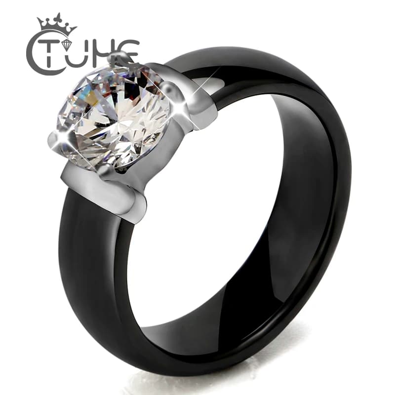 Anelli in ceramica nera bianca da 6mm più grandi zirconi cubici per le donne anello nuziale da donna in acciaio inossidabile gioielli di fidanzamento Never Fade