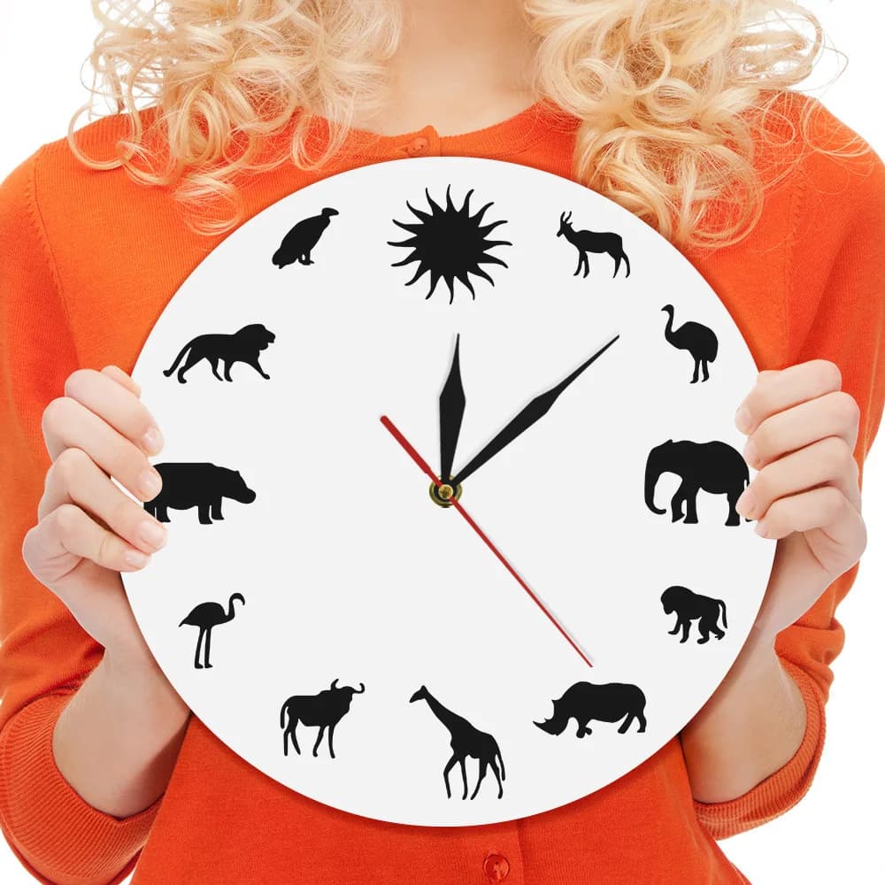 Wall clock with wildlife animals, African giraffe, elephant, lion, hippopotamus, African wildlife watch, silent watch to preserve