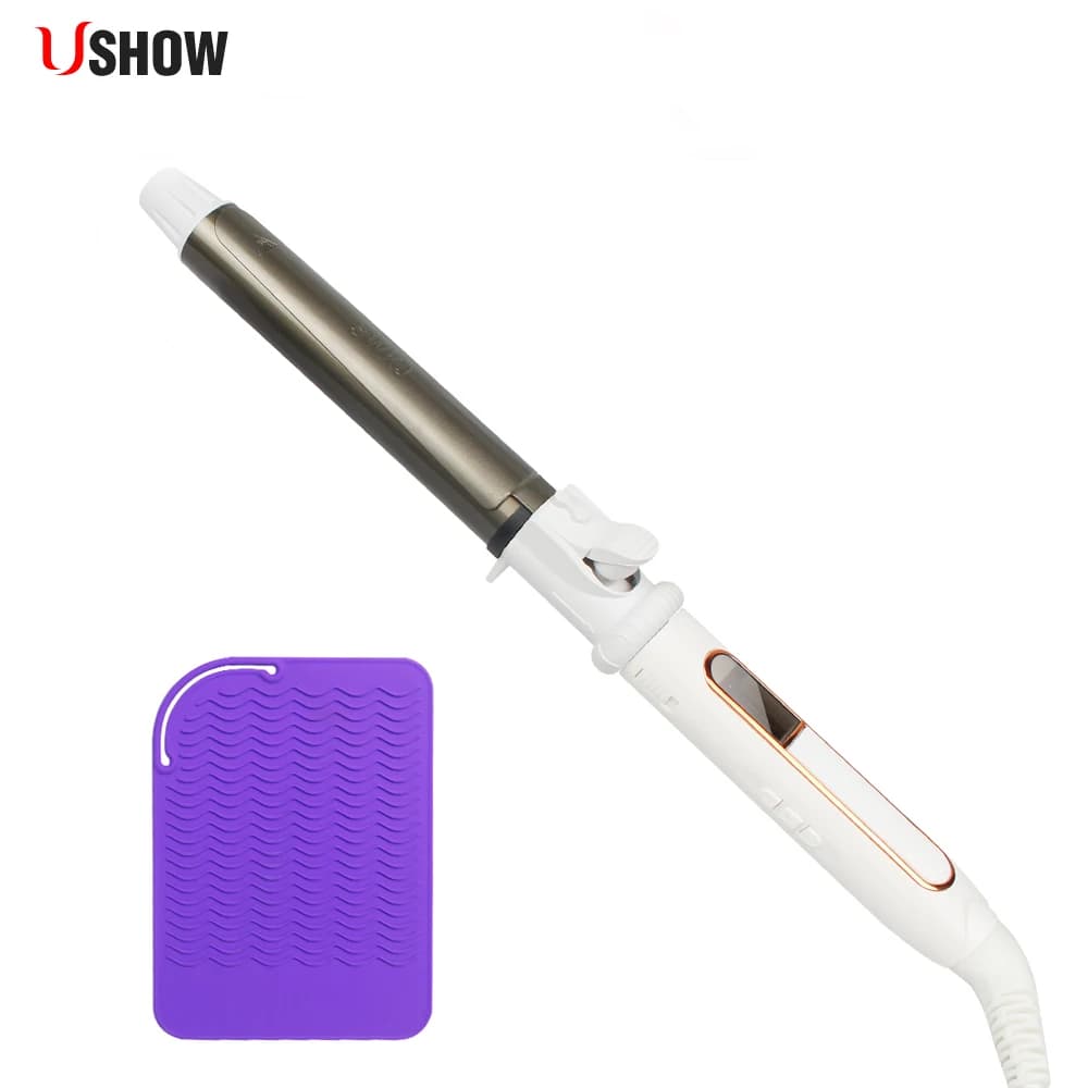 Ushow curling iron with ceramic tile technology and digital controls with heat-resistant silicone mat
