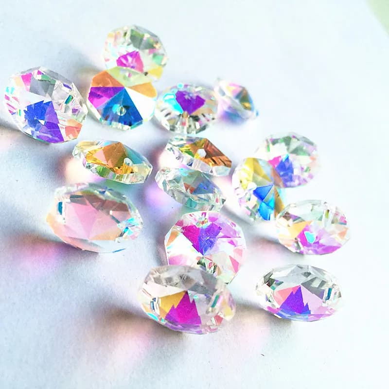 (Free rings) 50 pcs/Lot AB Color 14mm Crystal Lighting Beads Octagonal 2 Holes Glass Chandelier Parts Glass Curtains Accessories