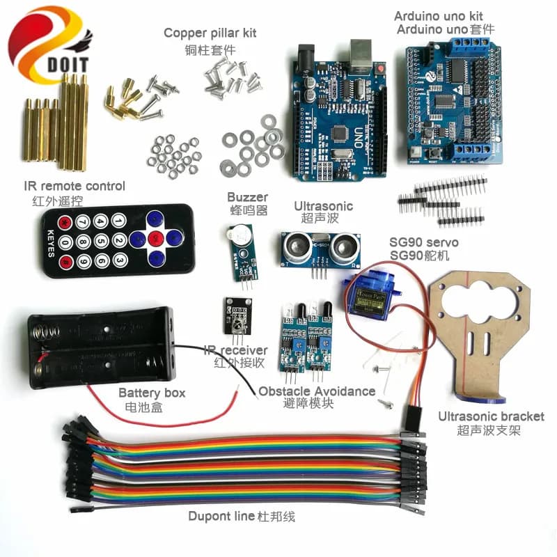 Kit di controllo IR con scheda UNO R3+scheda di protezione dell'azionamento del motore+servo SG90+sensore ultrasonico per kit di prevenzione ostacoli