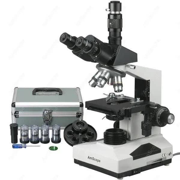 Microscopio Composto Trinoculare AmScope a Contrasto di Fase Simul-Focale 40X-1600X+ con Alogeno da 20W, Condensatore a Torretta