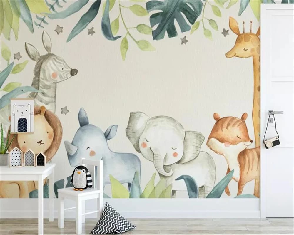 Customized Size Mural Cartoon Animal Tropical Plant Children's Decorative Drawing Giraffe Elephant Zebra Animal 3D Wallpaper