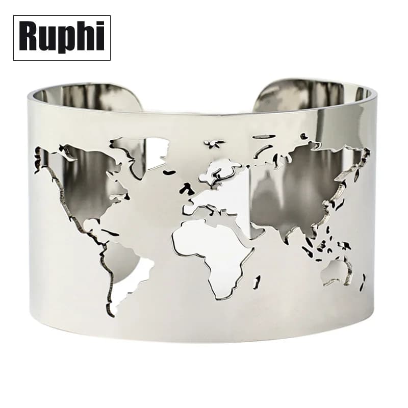 World Map Cut-out Boho Rigid Bracelet Journey Peace Jewels Stainless Steel 40mm Width Laser Engraving Fine Polished Circle