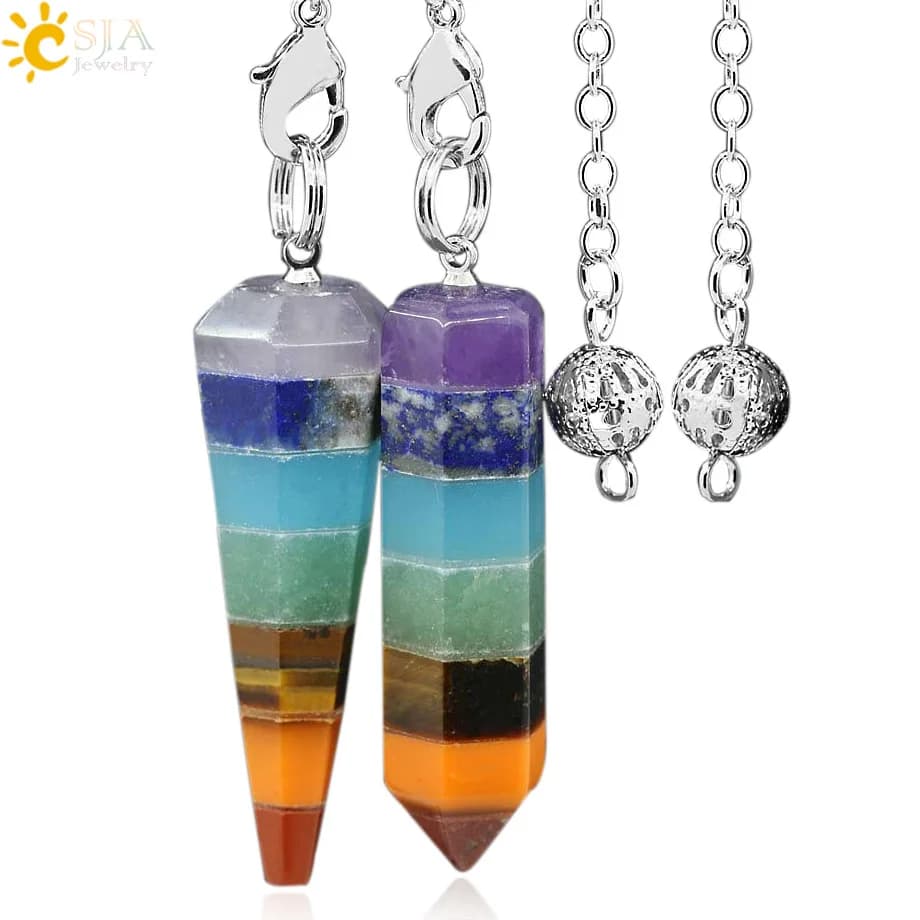 CSJA Reiki Charm Pyramid 7 Chakra pendolo Natural Gem Stone Rainbow Layered Dowsing Healing Point pendente a catena pendolo E065