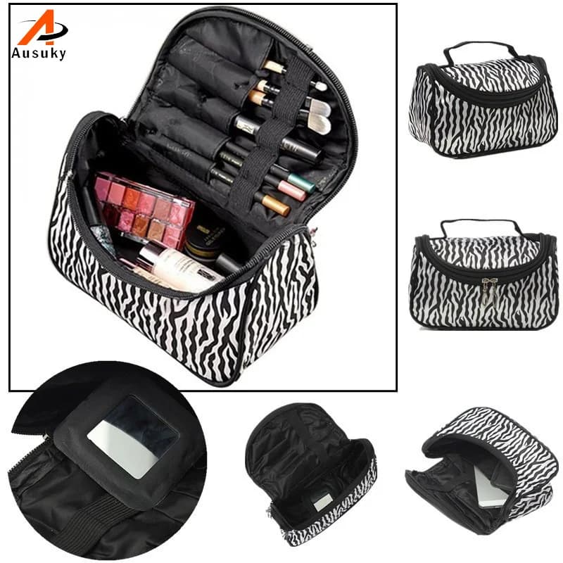Aususky Brand Multi Portable Waterproof Women Makeup Bag Storage Organizer Box Beauty Case Travel Pouch Zebra Cosmetic Bag