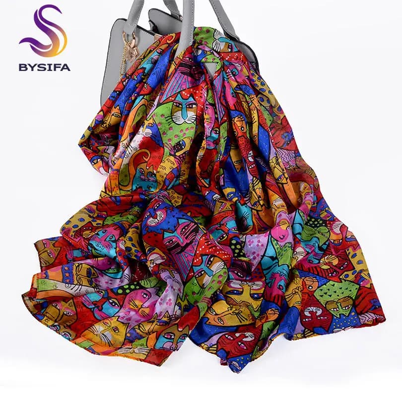 [BYSIFA] Sciarpa di Seta Reale di 2019 Del Fumetto Gatti Disegno Foulard Femme Lunghe Sciarpe Primavera Autunno Signore Hijab Sciarpe Estate scialle spiaggia