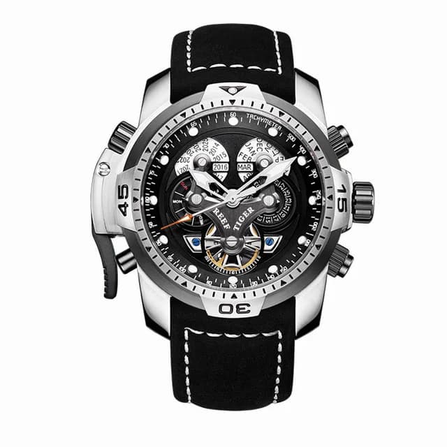 Reef Tiger Aurora Serier RGA3503 orologio da polso meccanico automatico con quadrante multifunzione militare sportivo da uomo-cinturino in pelle