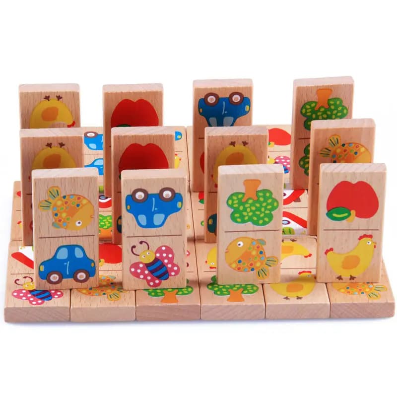 28 pezzi bambino in legno domino blocchi giocattoli cartone animato giardino animale veicolo frutta domino blocchi giocattoli blocchi di costruzione abbinamenti educativi