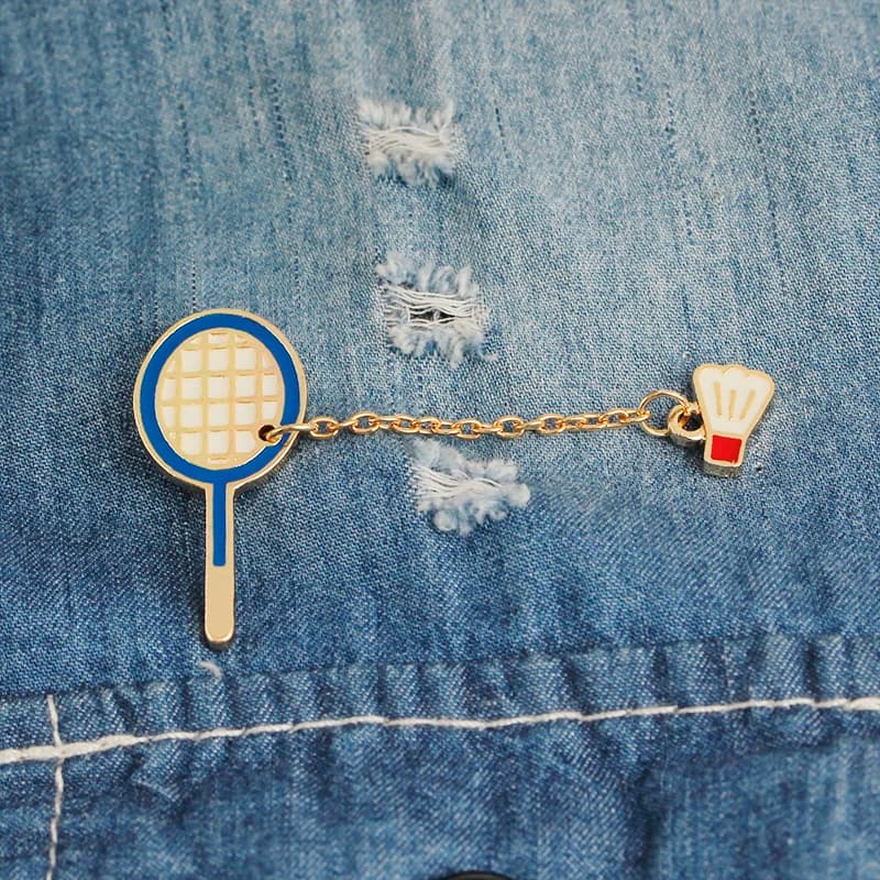 Classic Table Tennis And Badminton Racket Long Chain Enamel Pins Sports Pingpong Shaped Metal Brooches