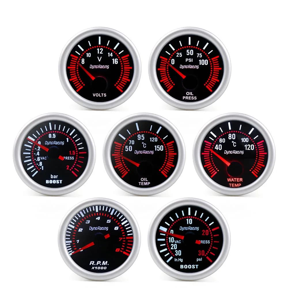 Dynoracing 2 "52 millimetri Smoke lens Tachimetro rpm gauge temperatura Dell'acqua temp Olio della pressa di Olio di Boost Vacuum bar psi voltmetro gauge