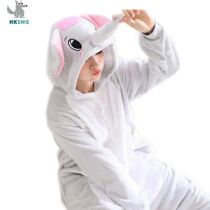 HKSNG Animal Grey Blue Elephant Onesie Kigurumi Pajamas Flannel Family Cartoon Halloween Party Cosplay Costumes Jumpsuits Outfit