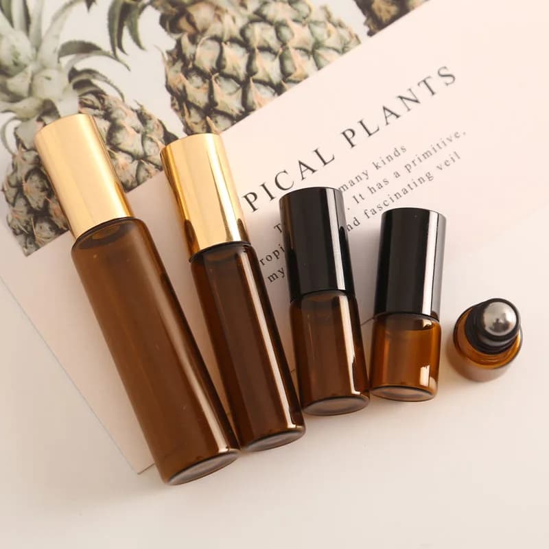 6 pz 1 ML 2 ML 3 ML 5 ML 10 ML Ambra Roll On Bottiglia A Rullo per Oli Essenziali Bottiglia di Profumo Riutilizzabile Contenitori Deodoranti