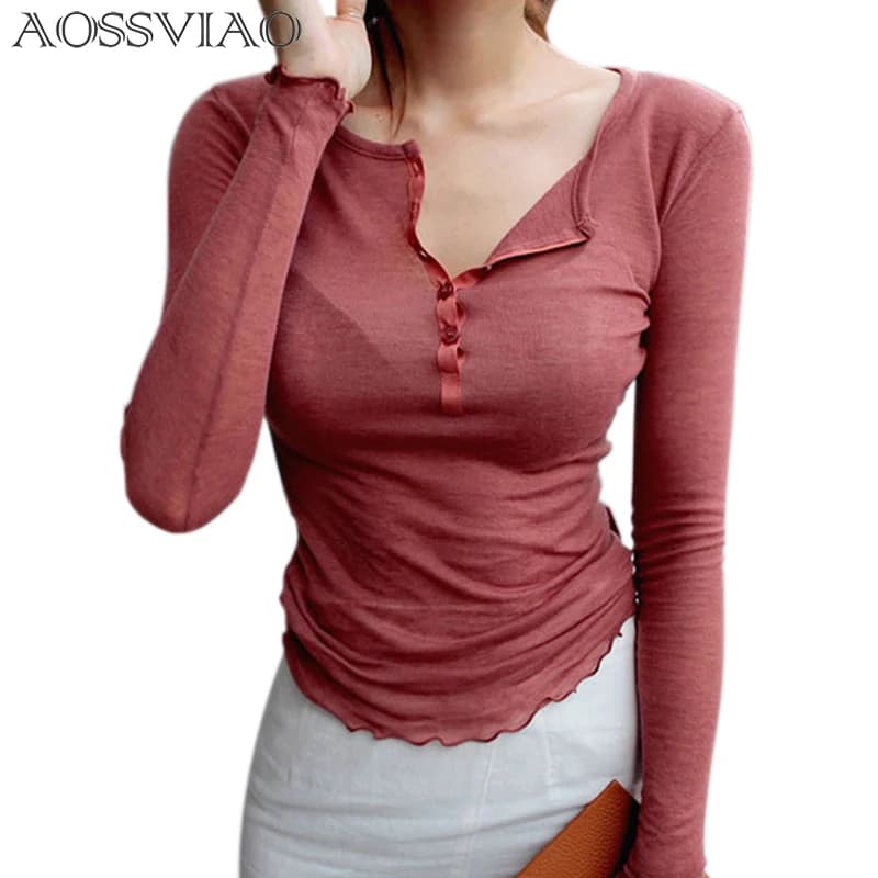 T-shirt Sexy da Donna Primavera Estate 2026, Top Coreano a Maniche Lunghe, Abbigliamento Femminile Kawaii