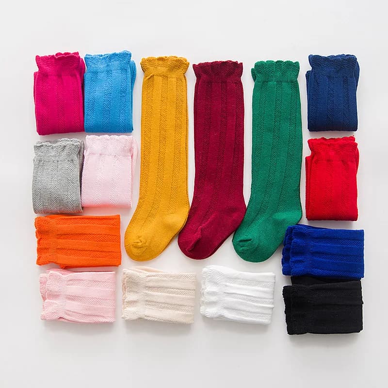 YWHUANSEN 1 Pair Spring Autumn Winter Cotton Lace Double Needle Children Breathable Socks Solid Baby Girls Knee Socks School