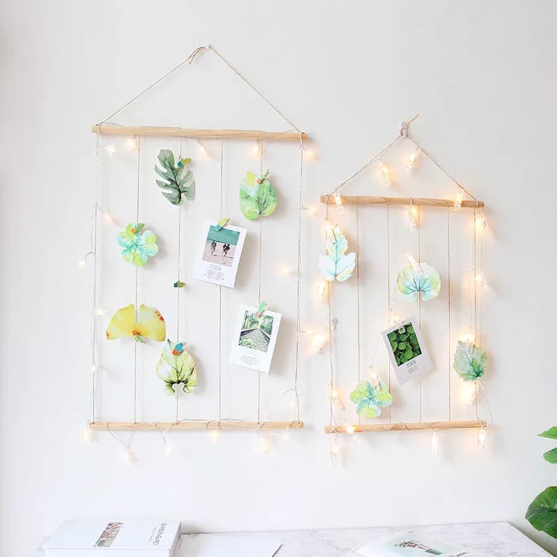 Large 50cm wooden stick hanging photo Macrame wall hanging images organizer home decorations with wooden clip and postcards