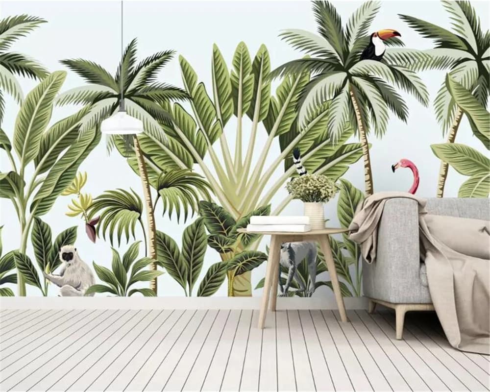 Carta da parati 3D personalizzata, disegnata a mano, con foglie di banano e fenicotteri della foresta pluviale, decorazione per la casa, alberi della foresta tropicale, carta da parati 3D