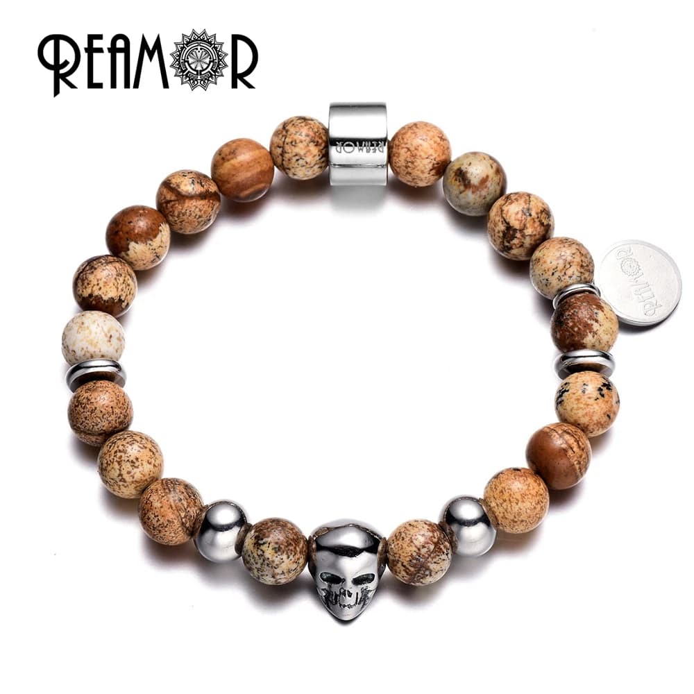 REAMOR Perline di pietre naturali gialle con braccialetti energetici elasticizzati con teschio in acciaio inossidabile 316l per gioielli da uomo e donna
