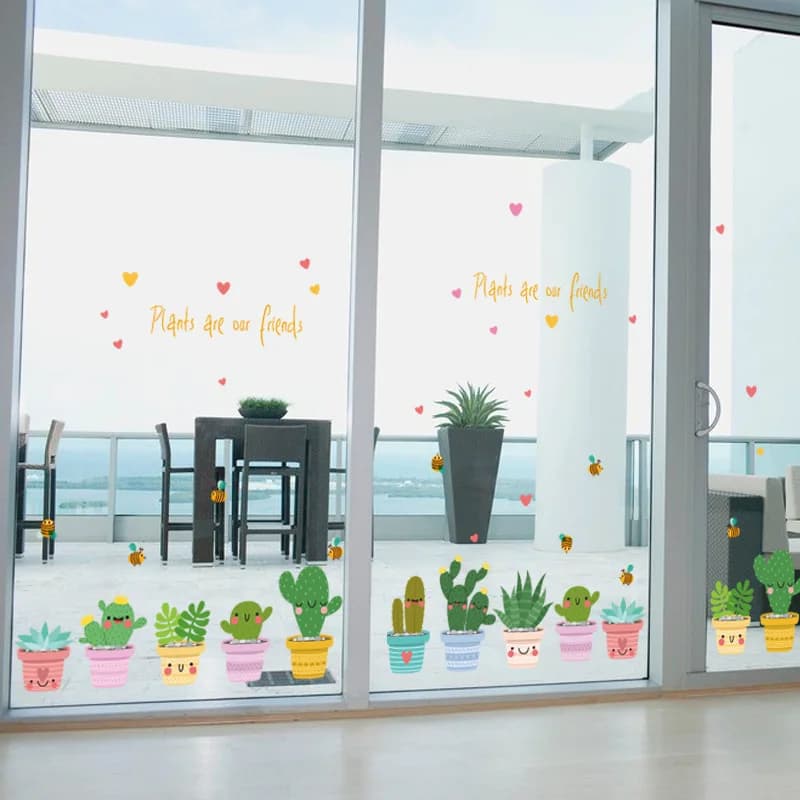 Green Garden Plant Cactus Potted Flower Pot Set 3D DIY Wall Decals/Adhesive Family Wall Sticker Mural Art Bathroom Windows Decor